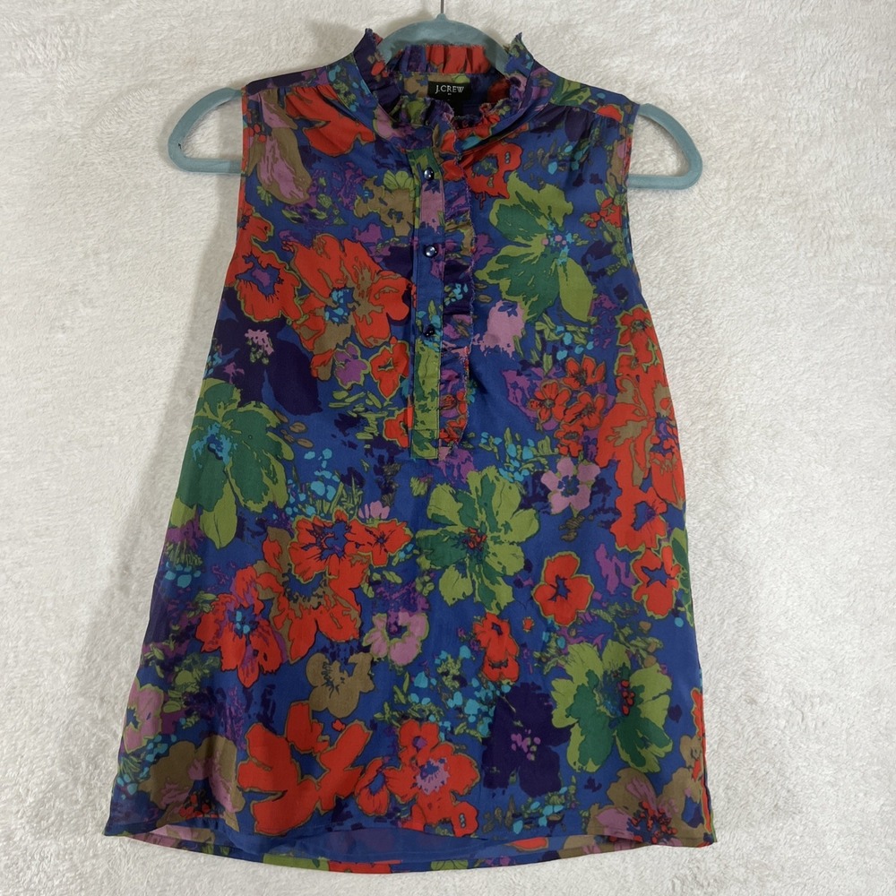 J Crew Womens Blue Floral Ruffle Neck Sleeveless Blouse Tank Top Art Career - 2